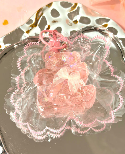 桜ピンクのリボン付きくまさん ぷにぷにキーホルダー（ストレス解消おもちゃ）