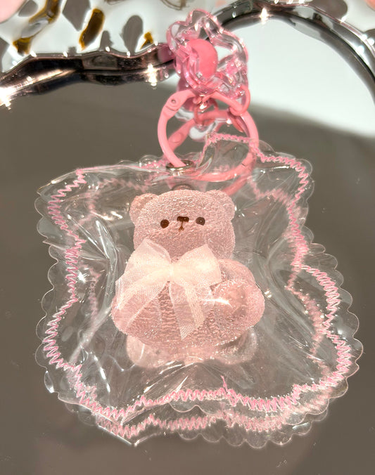 桜ピンクのリボン付きくまさん ぷにぷにキーホルダー（ストレス解消おもちゃ）
